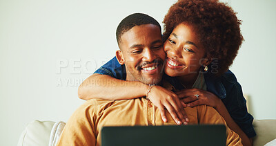 Buy stock photo Happy, hug and couple in home with laptop, research and browsing website with affection. Smile, African people and embrace in lounge with tech, streaming movies and bonding together for weekend break