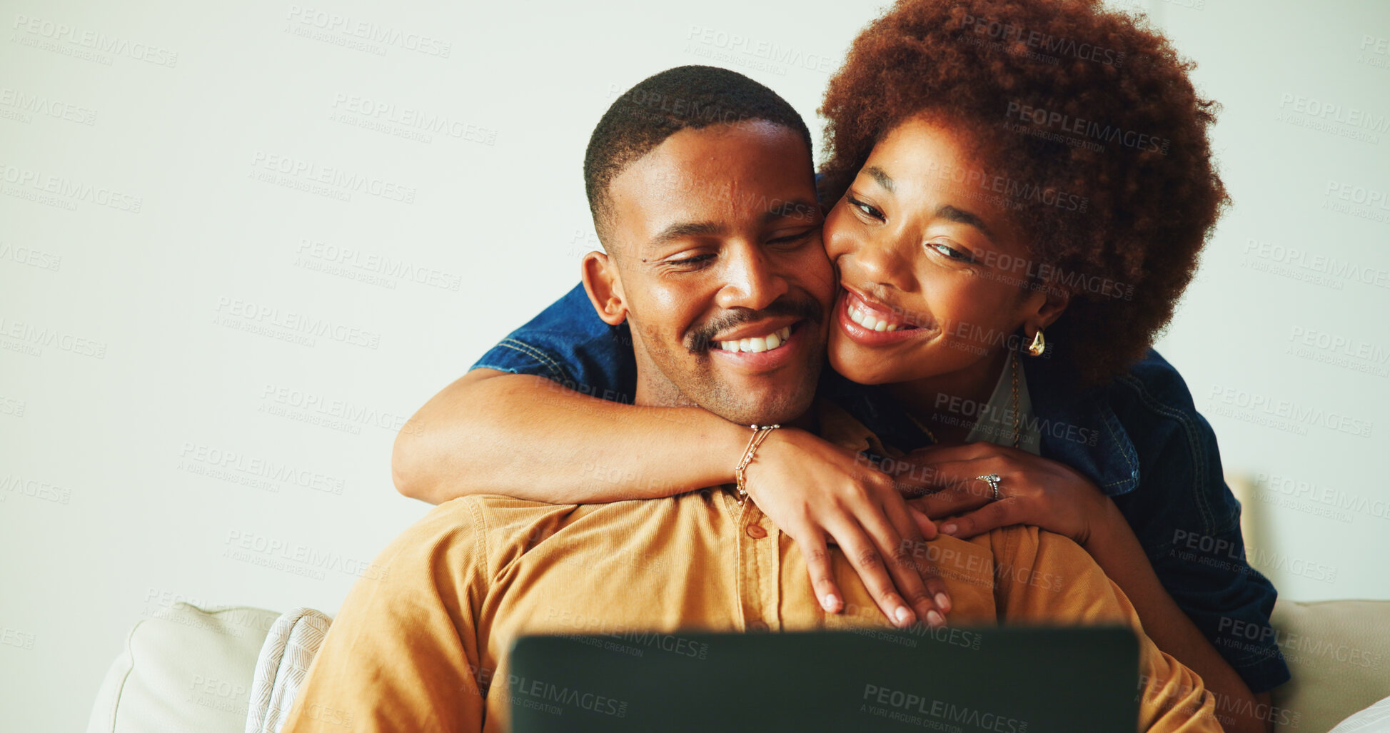Buy stock photo Happy, hug and couple in home with laptop, research and browsing website with affection. Smile, African people and embrace in lounge with tech, streaming movies and bonding together for weekend break
