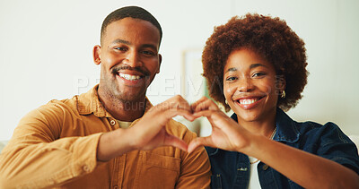 Buy stock photo Love, portrait or couple in house with heart hands, commitment or bonding together in happy moment. Romance, loyalty or people with support symbol, partner trust or connection in healthy relationship