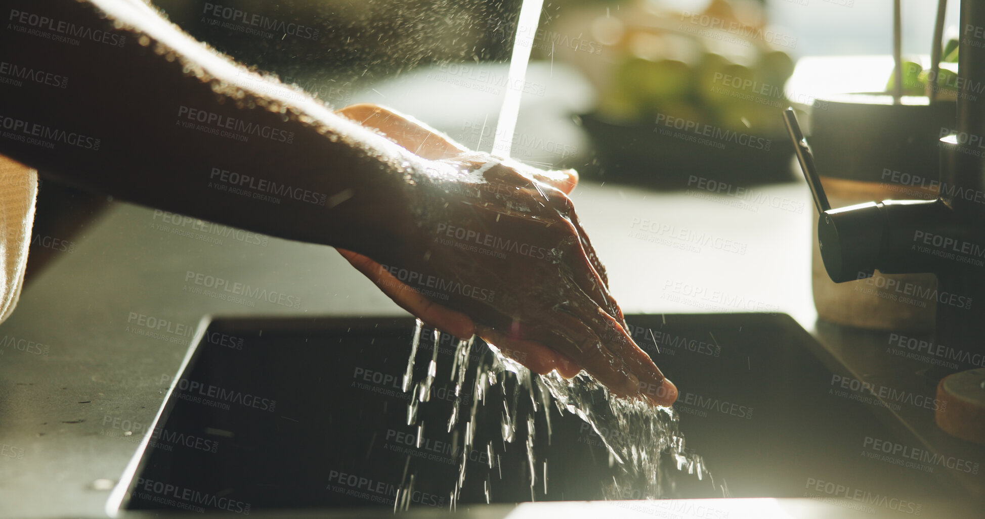 Buy stock photo Basin, washing hands and water with person in kitchen of home for cleaning or personal hygiene. Health, skincare and wellness routine with man at sink in apartment to remove bacteria, dirt or germs