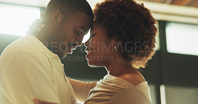 Buy stock photo Couple, hug and bonding with smile, home and commitment for relationship, support and forehead touch. Happy, black people and connection with partner on weekend, affection and romance in apartment