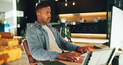 Buy stock photo Computer, typing and black man in home with remote work, planning or research for copywriting campaign. Freelance copywriter, person and proofreading project in apartment with pc, website or browsing