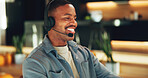 Man, headset and virtual assistant in home with remote work, smile and listen for customer service. Happy, black person and freelance administrator in house with tech, contact and client support.