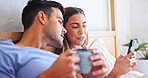 Relax, couple and coffee with phone in bed for reading morning news, show online post and bonding. Beverage, people and cozy with mobile app in home for social media scroll, weekend break and support