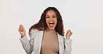 Fist pump, excited and portrait of businesswoman in studio with winning, good news or goal. Happy, job promotion and corporate employee with celebration for positive feedback on white background.