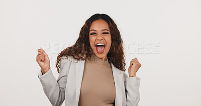 Buy stock photo Fist pump, excited and portrait of businesswoman in studio with winning, good news or goal. Happy, job promotion and corporate employee with celebration for positive feedback on white background.