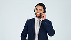 Headset, planning and businessman in studio for call center, crm or help desk with ideas. Space, thinking and technical support agent with customer service, contact or solution by white background.