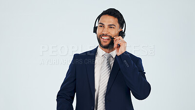 Buy stock photo Headset, planning and businessman in studio for call center, crm or help desk with ideas. Space, thinking and technical support agent with customer service, contact or solution by white background.
