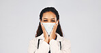 Scientist, portrait of woman in studio with face mask, ppe and protection for medical research. Space, healthcare and person with safety compliance, pharmaceutical and science job on white background