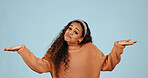 Clueless, woman or portrait with open arms in studio for unsure or solution on a white background. Female person, question or idea with palm or shoulder shrug for uncertain option, decision or choice