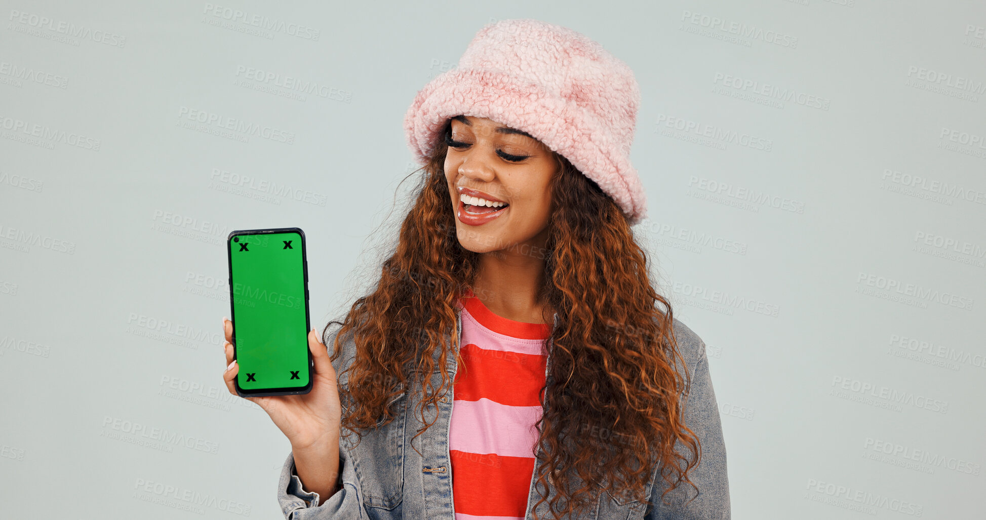 Buy stock photo Studio, presentation and woman with phone, green screen and happy for discount deal or announcement. White background, mockup space and person with mobile display, advertising and tech recommendation