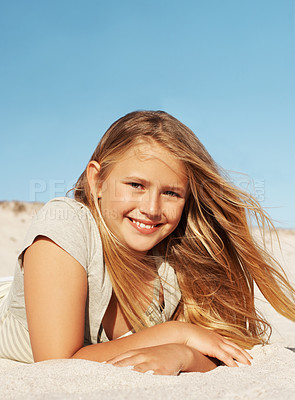Buy stock photo Portrait, relax and kid at beach with smile, adventure and positive attitude on holiday. Happy, child and mockup space at seashore with happiness, calm morning and weekend break on sand for vacation