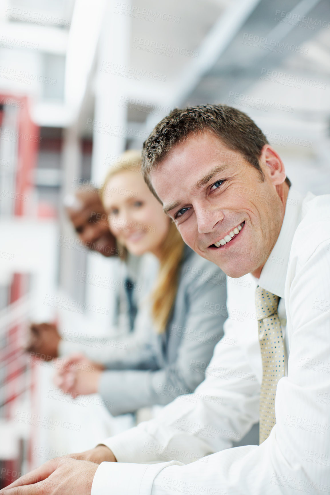 Buy stock photo Portrait, business and man in office for teamwork, human resources and recruitment planning. Corporate, happiness and people with employees for collaboration, onboarding and meeting for stock market