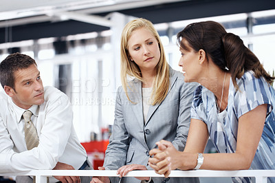Buy stock photo Business, meeting and people in office, discussion for creative project and feedback for proposal. Group, men and women in workplace, conversation and collaboration for ideas, support and planning