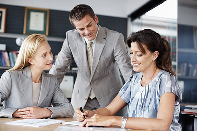 Buy stock photo Paperwork, meeting and business people in office for financial review, planning and investment decision. Corporate, team and workers with feedback for finance report, proposal and strategy for profit