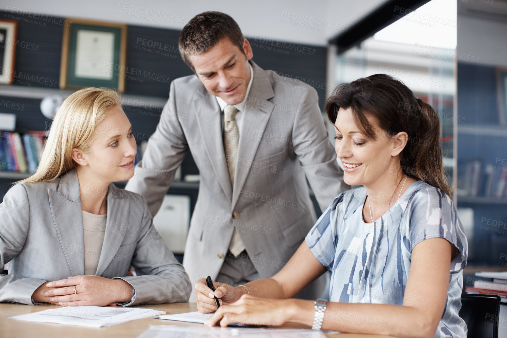 Buy stock photo Paperwork, meeting and business people in office for financial review, planning and investment decision. Corporate, team and workers with feedback for finance report, proposal and strategy for profit
