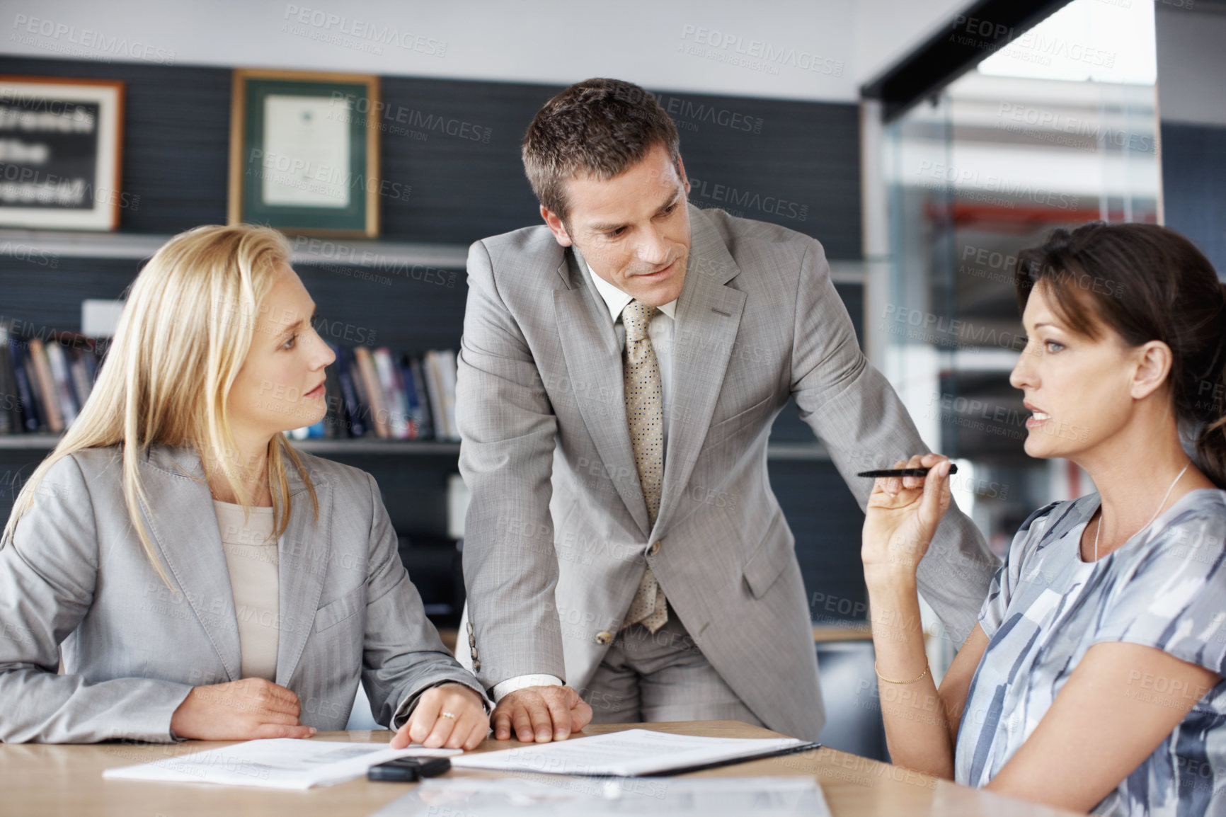 Buy stock photo Discussion, paperwork and business people in office for finance review, planning and investment. Corporate, team and workers with documents for financial report, funding proposal and budget growth