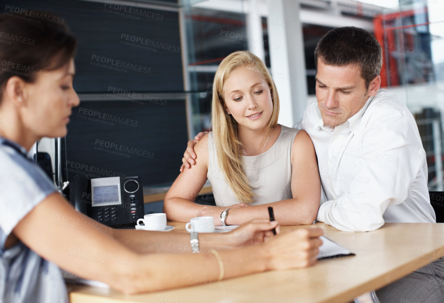 Buy stock photo Woman, help or couple in consultation with documents for finance advice, loan options or planning. Listen, people or financial advisor in office meeting for insurance policy, cover details or explain