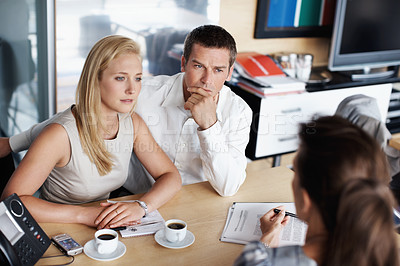 Buy stock photo Advice, couple and financial advisor with document for consulting, insurance plan or investment. Discussion, help and woman broker with people for meeting, loan application or information in office