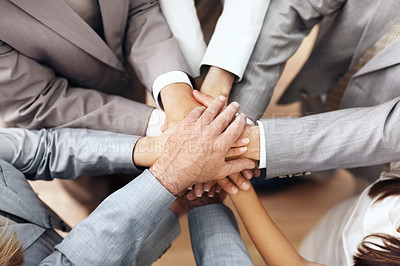 Buy stock photo Hands, together and stack with business team in office, support or mission for financial collaboration. People, above and synergy in accounting, partnership and professional motivation in workplace
