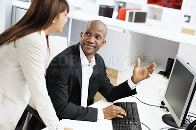 Buy stock photo Coaching, computer and business people in office, finance and screen for online audit, talking and help. Support, mentor and investor in workplace, pc and email for stock market and review profit