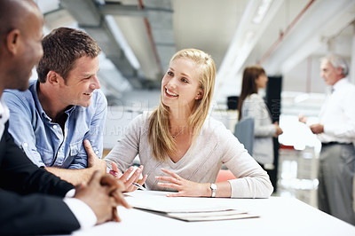 Buy stock photo Business, meeting and people in office, conversation for creative project and feedback for ideas. Group, men and women in workplace, happiness and collaboration for proposal, support and planning