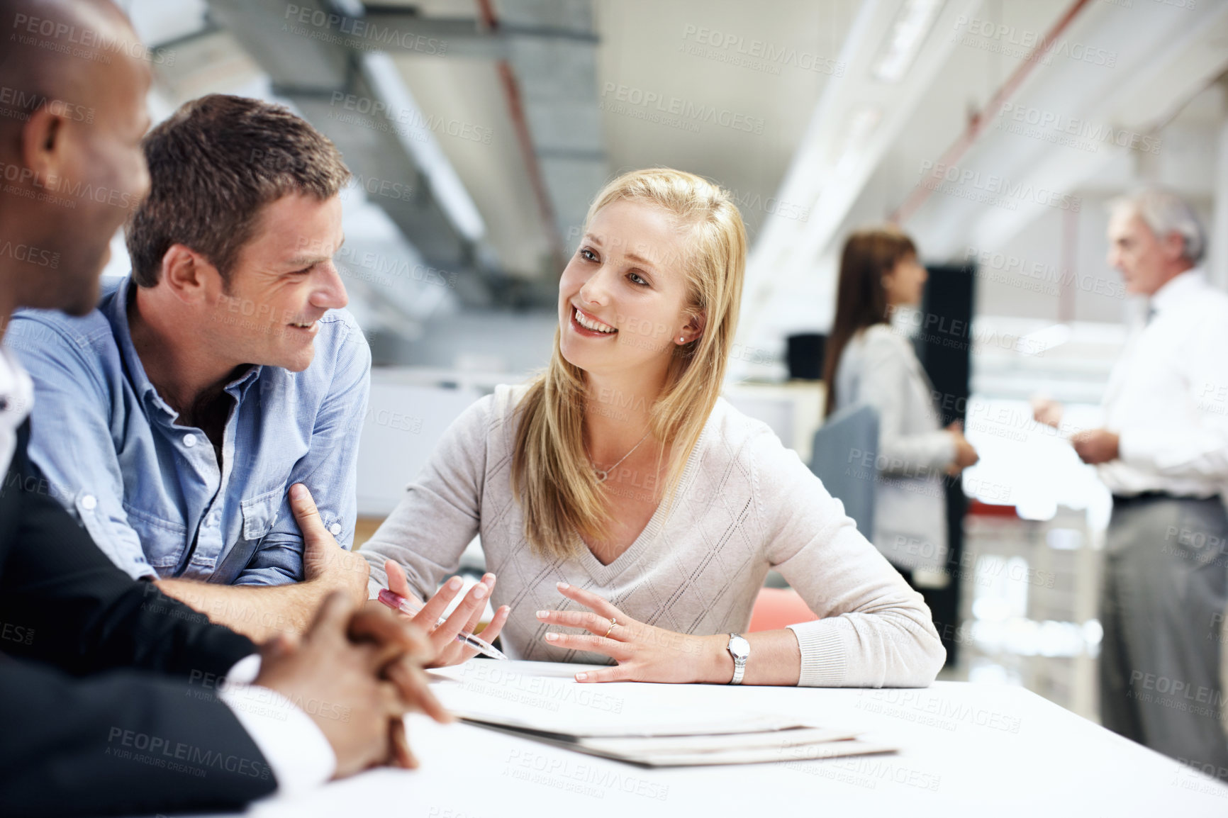 Buy stock photo Business, meeting and people in office, conversation for creative project and feedback for ideas. Group, men and women in workplace, happiness and collaboration for proposal, support and planning