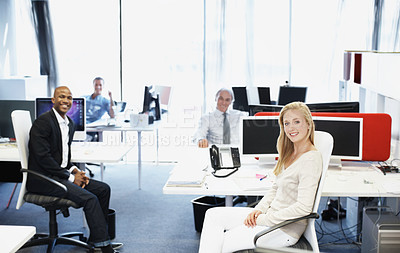 Buy stock photo Coworking, portrait and business people in office for finance, insurance company and team at agency. Corporate, happy and men with women at desk for budget, financial proposal and risk assessment