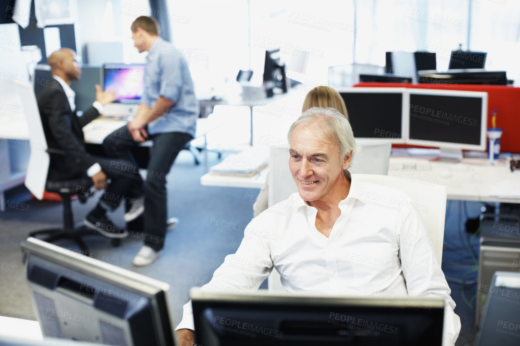Buy stock photo Coworking, happy and business man in office for finance, insurance company and research on computer. Corporate, team and person on pc for proposal, financial review and report for risk assessment