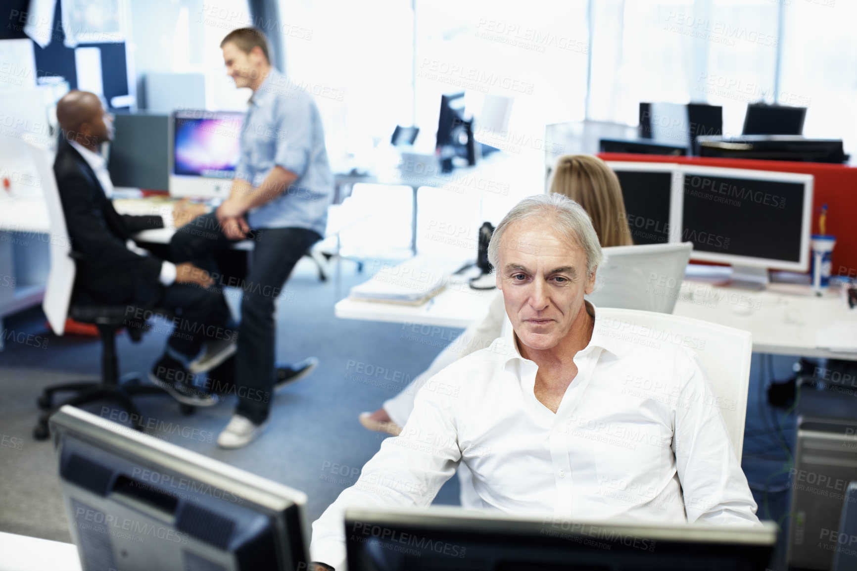 Buy stock photo Businessman, online and research with computer in office, underwriting or risk management on website. Coworking, investment banker and mature person with tech, info and financial report in business