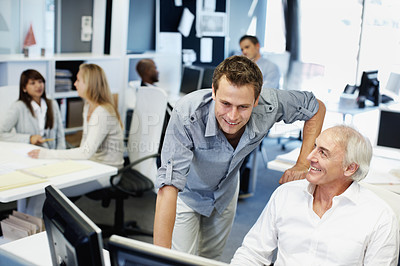 Buy stock photo Business, people and smile in office with computer, research and training for accounting. Men, teamwork and coworking in workplace with pc, coaching and financial information for investment proposal