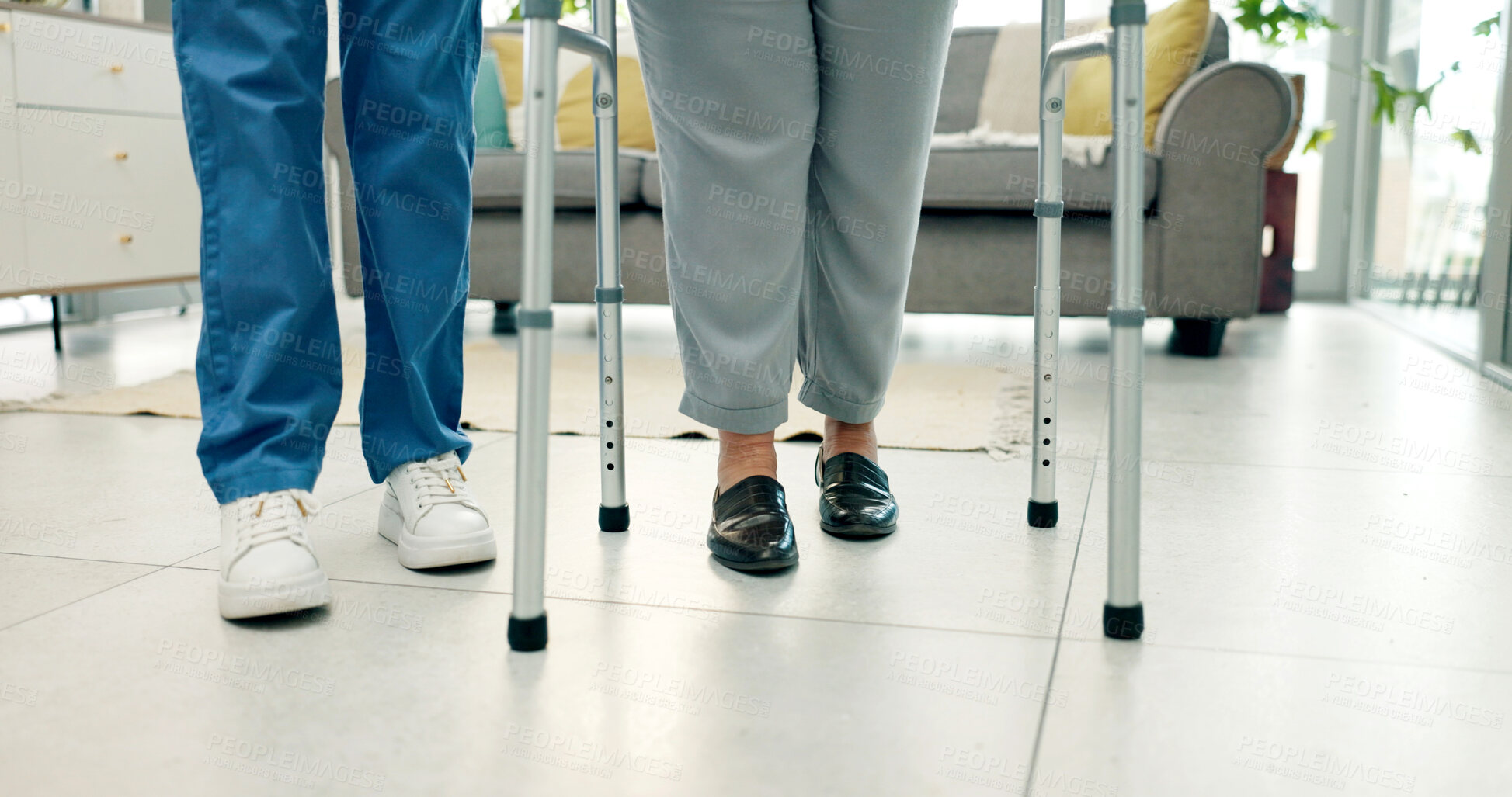 Buy stock photo Physiotherapy, legs or people in clinic with walker, patient guide or balance aid in rehabilitation. Healthcare, nurse or person with disability, stability support or mobility care in muscle recovery