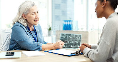 Buy stock photo Doctor, ultrasound and pregnant woman in hospital, talking and fertility report for ivf progress. Gynecology, pregnancy news or people in office, scan for growth and family planning with support