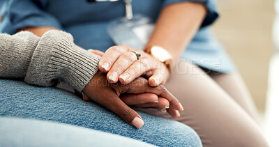 Buy stock photo Empathy, holding hands and support with people in counseling session for mental health. Consulting, therapy and trust with healthcare worker consoling patient in office for healing or psychology