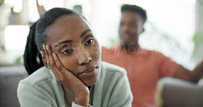 Buy stock photo Disappointed, woman and couple in house with conflict, relationship problem and contemplating breakup. Sad, girlfriend and black people dating with argument, disagreement and cheating affair in home.