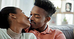 Couple, smile and affection in home with love, soulmate connection or bonding together for relationship. Happy, black people and relax in house with marriage commitment, loyalty and care for partner.
