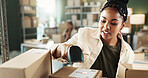Woman, logistics or scan box in workplace for inventory check, ecommerce or stock management. Supply chain, person or employee with barcode for info, distribution or digital app for shipping schedule