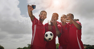 Buy stock photo Friends, selfie and men with smile, soccer field and celebration after training routine and fitness. Athlete, memory and happy people with ball, photography and picture with team on break outdoor