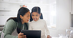 Daughter, happy and mom with tablet in kitchen of home for child development or learning. App, love and smile with curious girl and single parent woman in apartment for bonding or online streaming