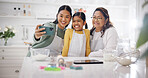 Baking, selfie and mom in kitchen with generation for photography, memory or bonding together in home. Smile, mother and grandma with daughter or junior baker for capture moment or picture in house