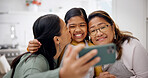 Selfie, mom or child with kiss or generation in kitchen for photography, memory or bonding in home. Smile, mother and grandma with daughter or love for capture moment or picture together in house