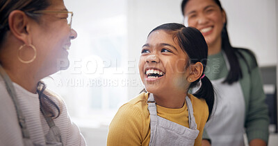 Buy stock photo Happy, baking and child with grandma and mother in kitchen for learning, development or bonding. Laugh, flour and girl kid with mom and senior woman for cooking together with teaching in home.