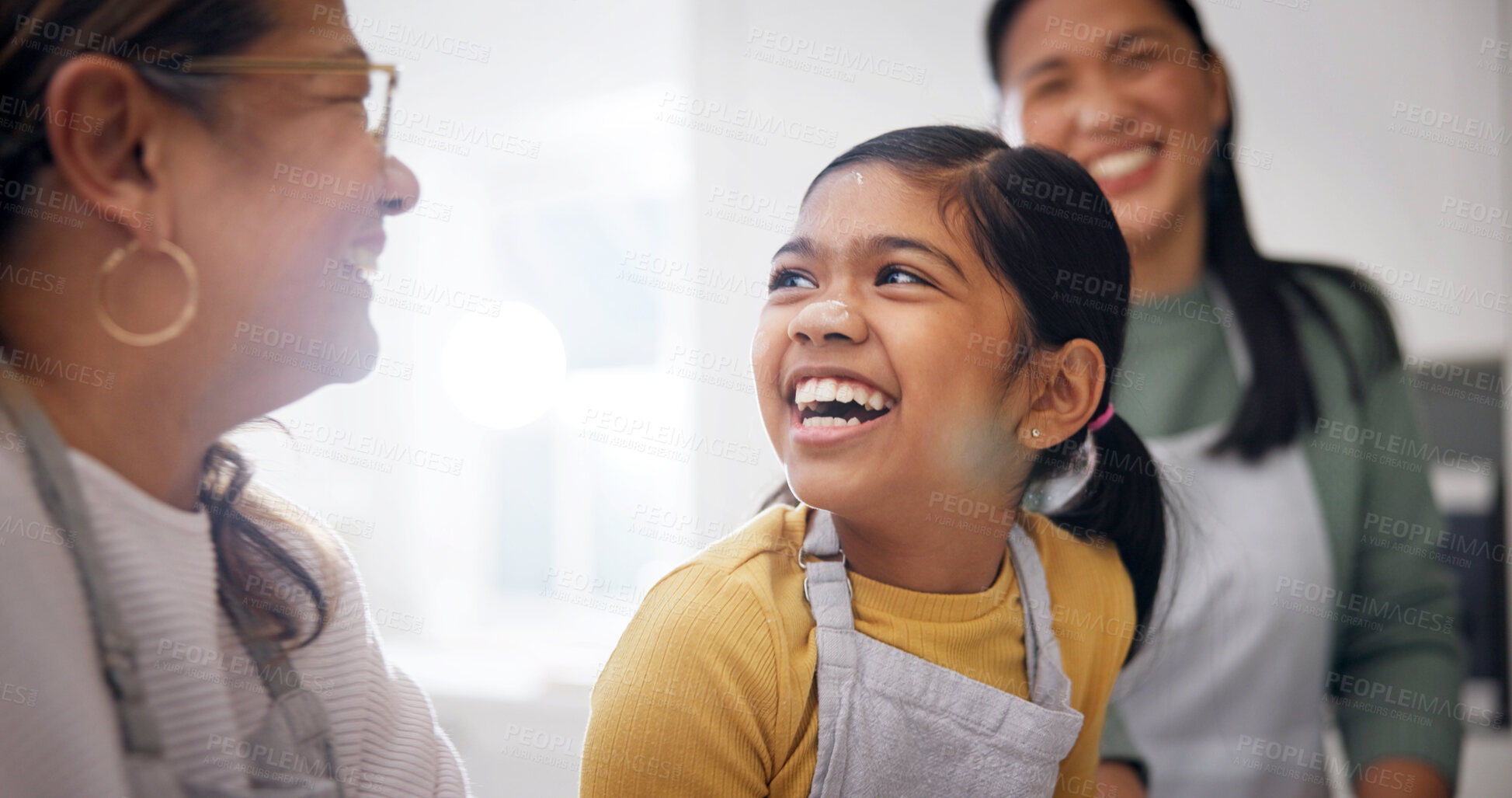 Buy stock photo Happy, baking and child with grandma and mother in kitchen for learning, development or bonding. Laugh, flour and girl kid with mom and senior woman for cooking together with teaching in home.