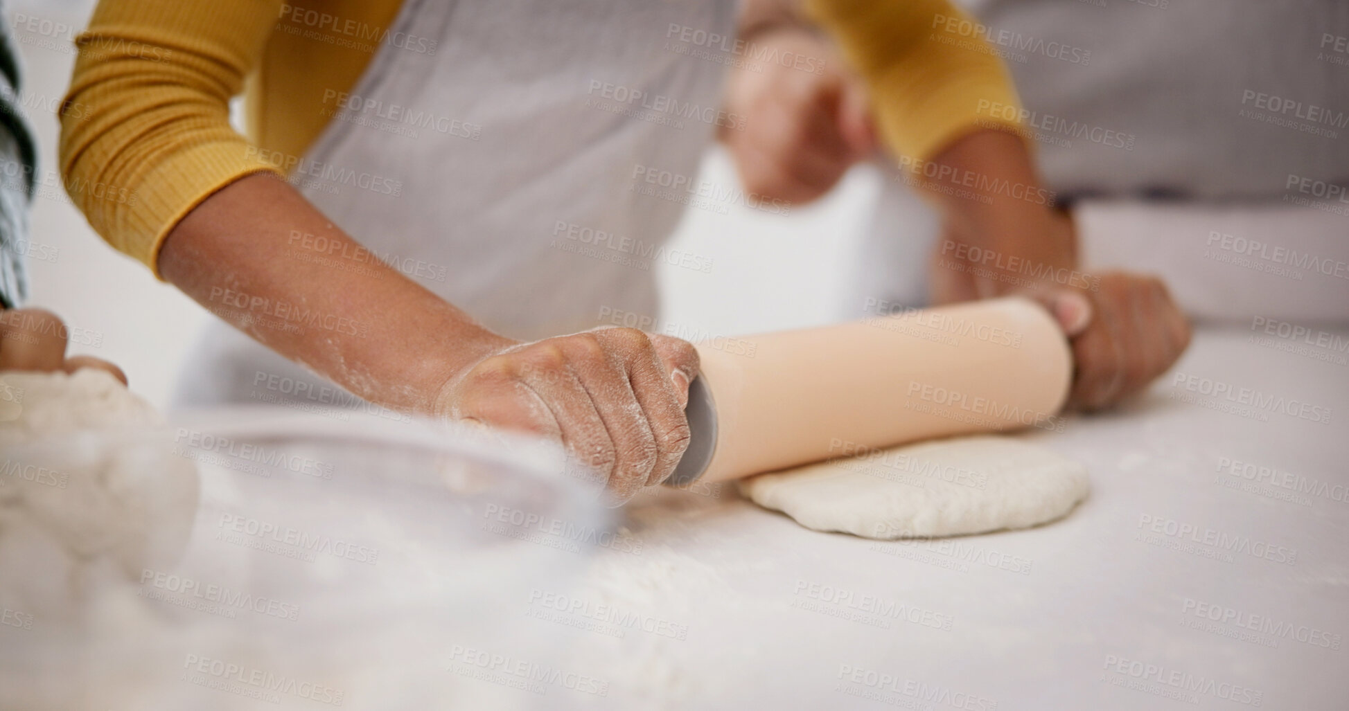 Buy stock photo Hands, girl and baking in kitchen with rolling pin, recipe and learning with dough in home. Teaching, kid and mom with education, advice and family with cookie ingredients for child development