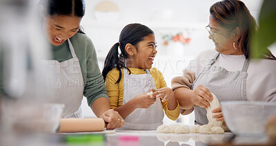 Buy stock photo Mother, baking and kid laugh with grandma in home for family recipe, learning or bonding together. Grandparent, girl and mom in kitchen with rolling pin for dough, teaching and funny generations