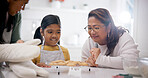 Cookies, happy and child with grandma and mother in home for baking results, snack or sweet treat. Family, bonding and girl kid with mom and senior woman for biscuits in kitchen at apartment.