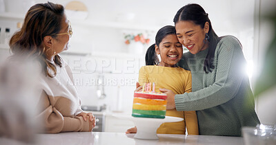 Buy stock photo Child, mother and hug with birthday cake for love at home, celebration or special day with generations. Parent, grandmother and embrace girl at party, rainbow dessert and care with happy family