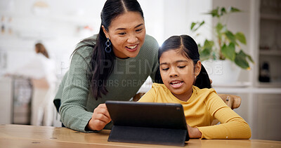Buy stock photo Tablet, reading and mom with child for elearning, online lesson or studying in home. Digital technology, student and mother helping girl kid for virtual class with development or growth in apartment.