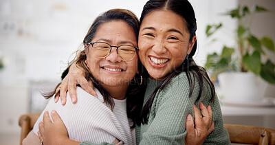 Buy stock photo Happy, hug and portrait of woman with senior mother in home for bonding, connection or family. Smile, retirement and Asian female person embracing elderly mom for care, safety and love in house