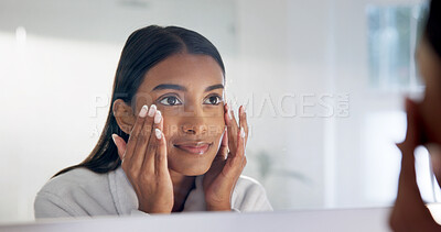 Buy stock photo Mirror, check and woman with skincare in bathroom, grooming results and wellness for beauty aesthetic. Reflection, smile and person with facial inspection for transformation, smooth skin and home